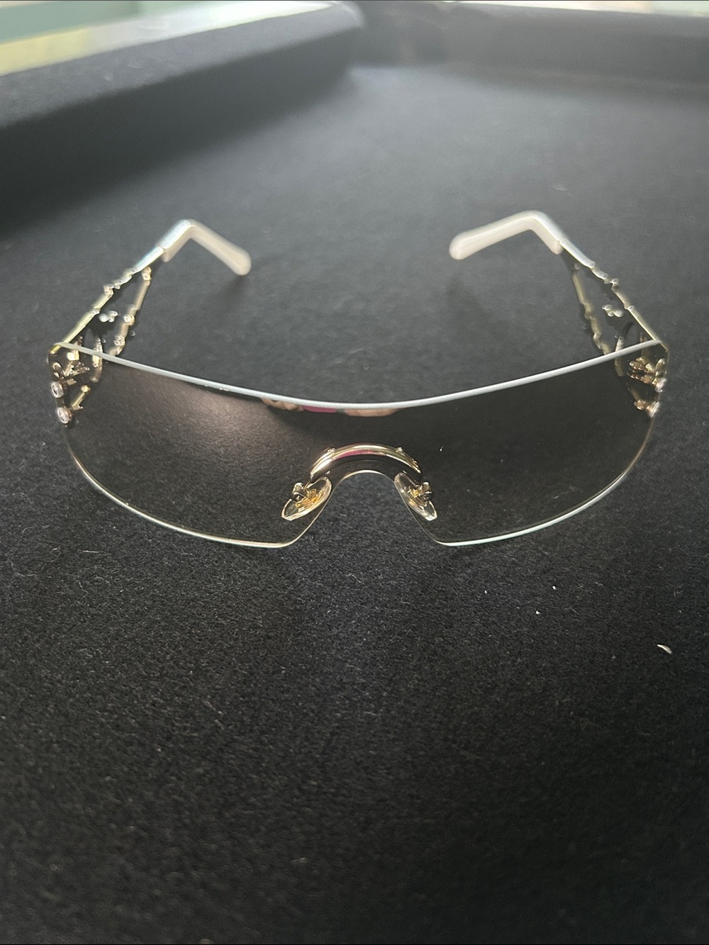 Rimless Crystal Accent Shield Sunglasses - Clear/Gold